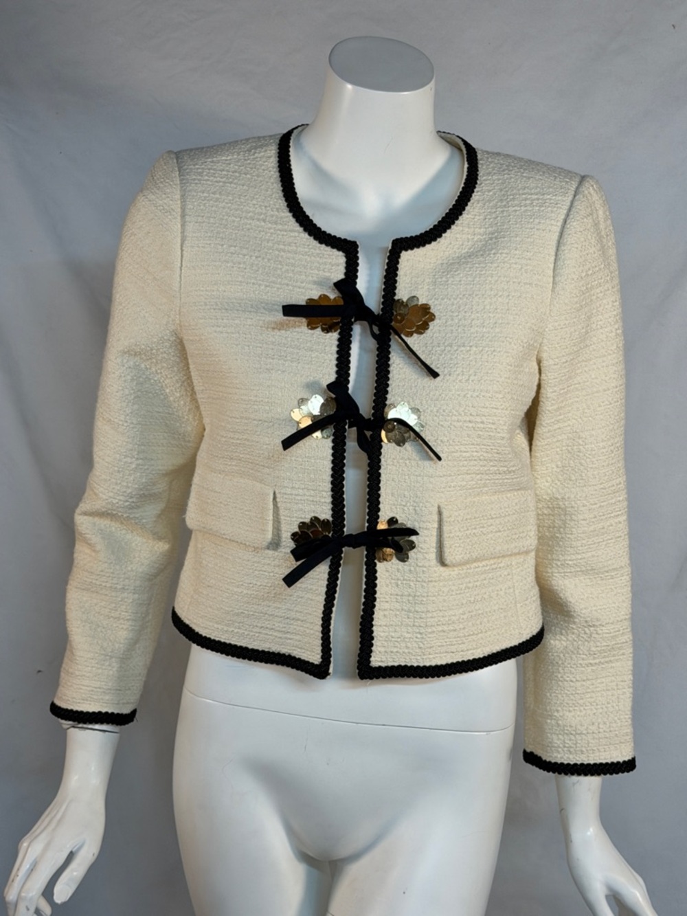 Derek Lam Cream Bouclé Cropped Jacket with Black Trim and Gold Accents - Picture 3 of 10